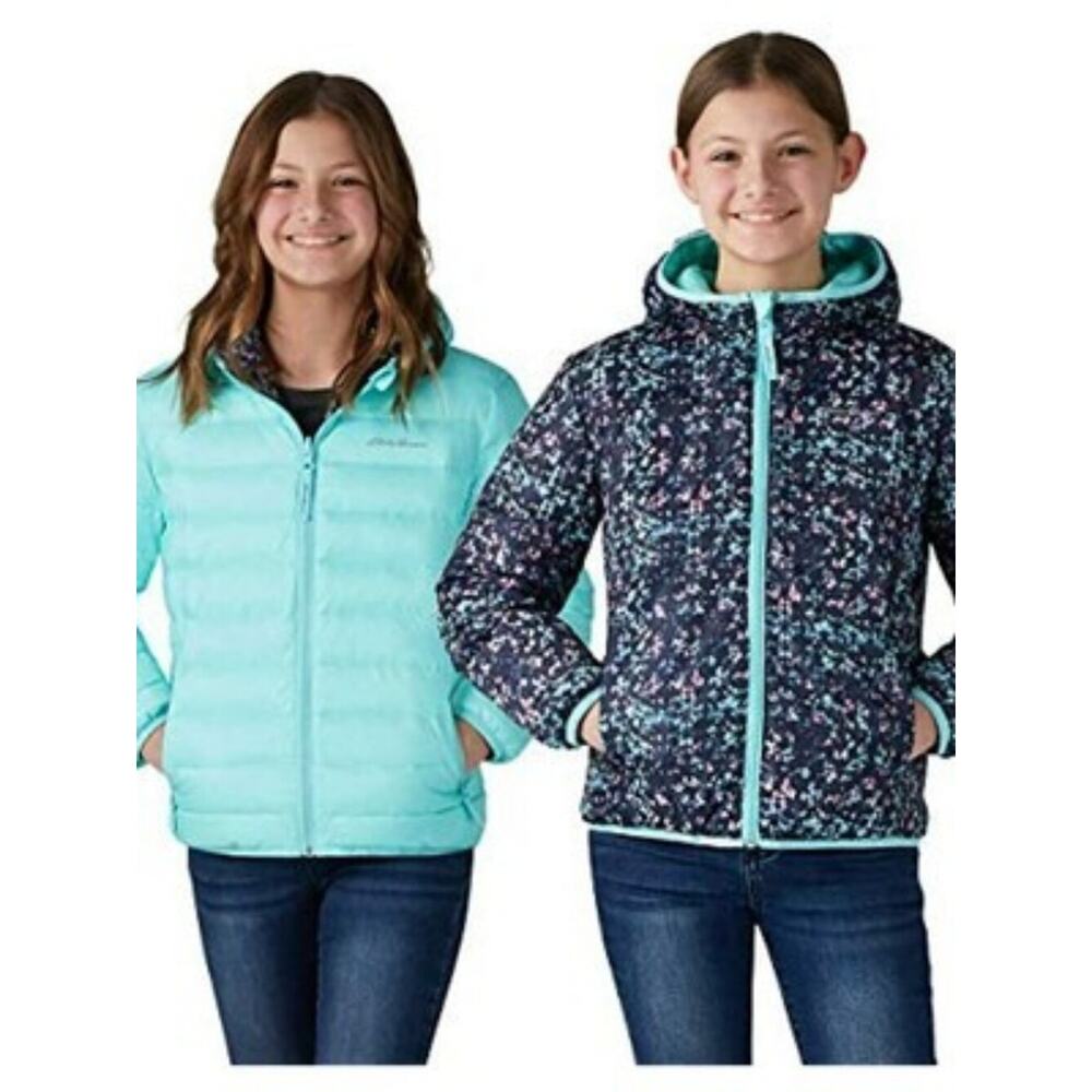 Eddie Bauer Girls Reversible Down Hooded Puffer Jacket Floral Girls Medium 10/12 - Picture 2 of 9
